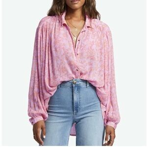 Pink V-Neck Bishop Sleeve Blouse